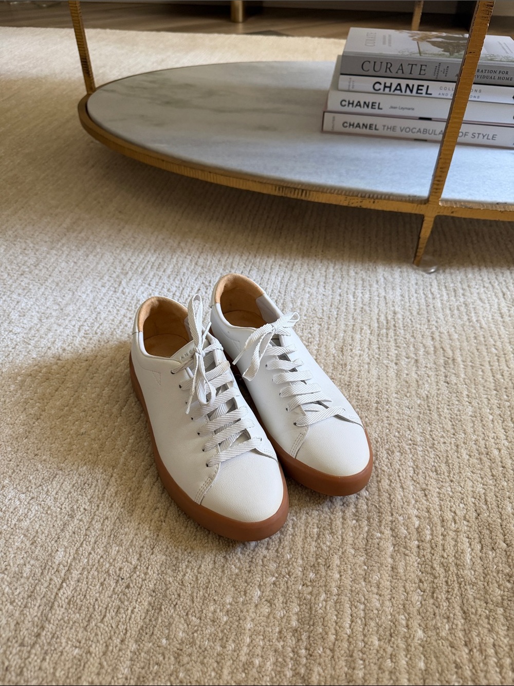 Everlane White Leather Sneakers with Brown Gum Sole